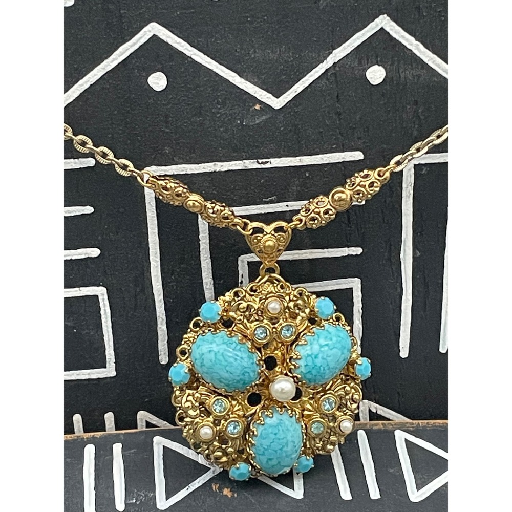 Vintage West Germany Turquoise Glass Statement Necklace Filigree Pendant‎ 1960s